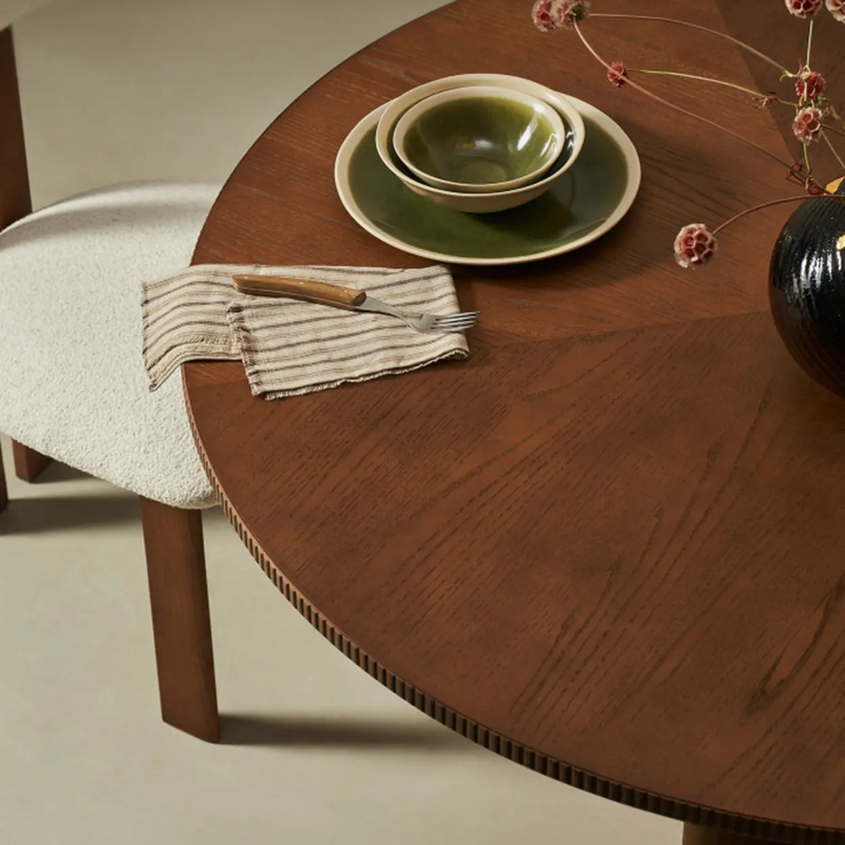 Mid-Century Modern Round Brown Wood Pedestal Dining Table Image - 6