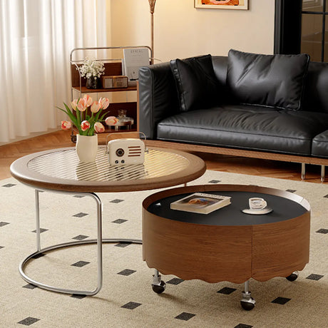 Mid-Century Modern Round Coffee Table with Drawer & Wheel Image - 1
