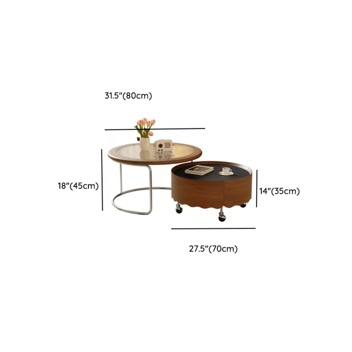 Mid-Century Modern Round Coffee Table with Drawer & Wheel Image - 13