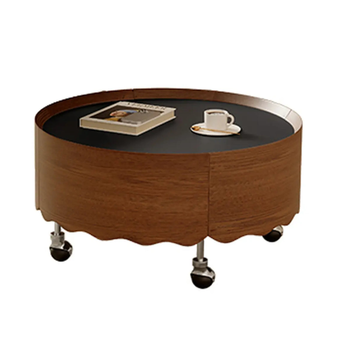 Mid-Century Modern Round Coffee Table with Drawer & Wheel Image - 3