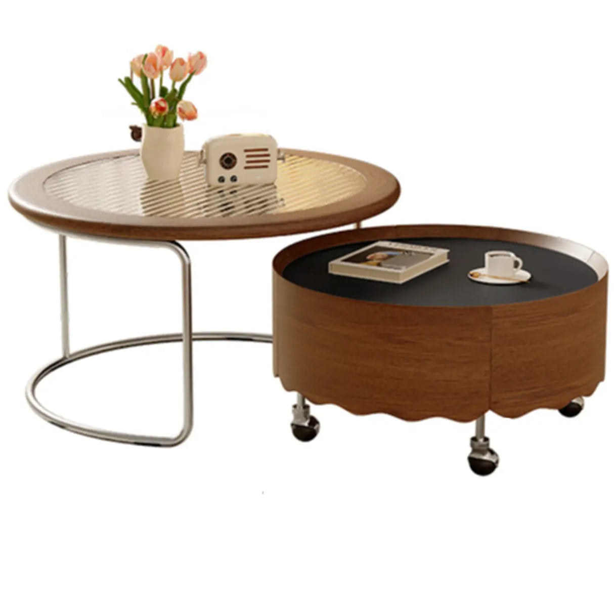 Mid-Century Modern Round Coffee Table with Drawer & Wheel Image - 5