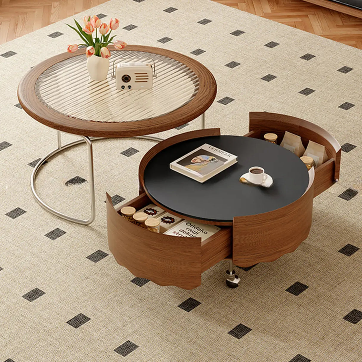 Mid-Century Modern Round Coffee Table with Drawer & Wheel Image - 6