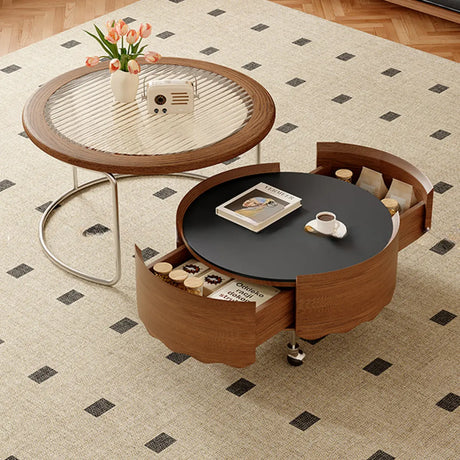 Mid-Century Modern Round Coffee Table with Drawer & Wheel Image - 6