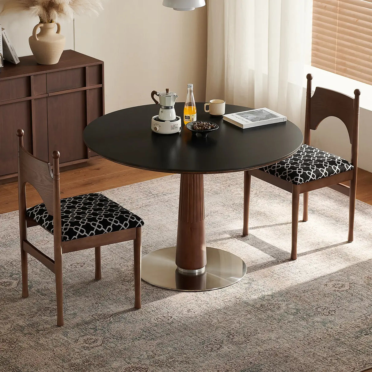 Mid-Century Modern Round Stone Top Wood Pedestal Dining Table Image - 1