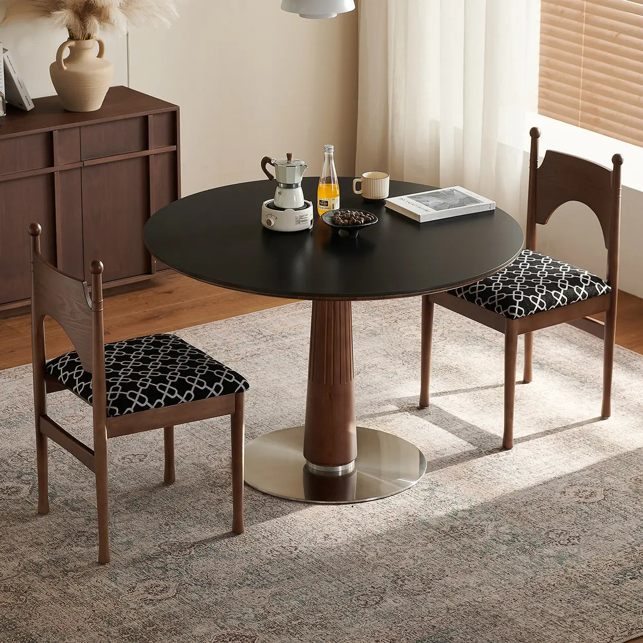 Mid-Century Modern Round Stone Top Wood Pedestal Dining Table Image - 1