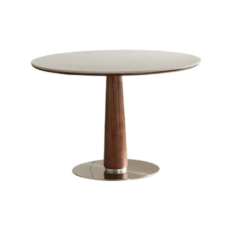 Mid-Century Modern Round Stone Top Wood Pedestal Dining Table Image - 2