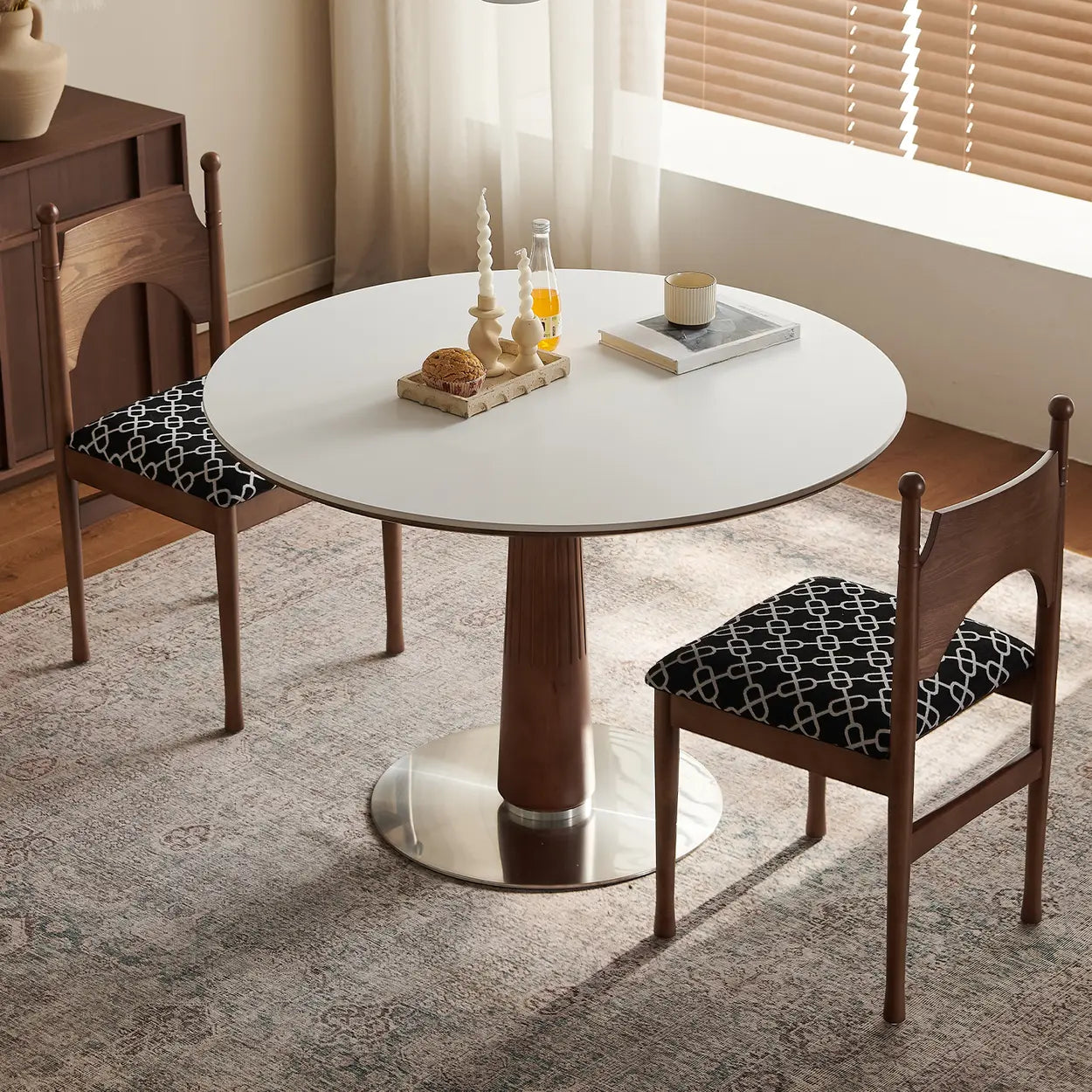Mid-Century Modern Round Stone Top Wood Pedestal Dining Table Image - 4
