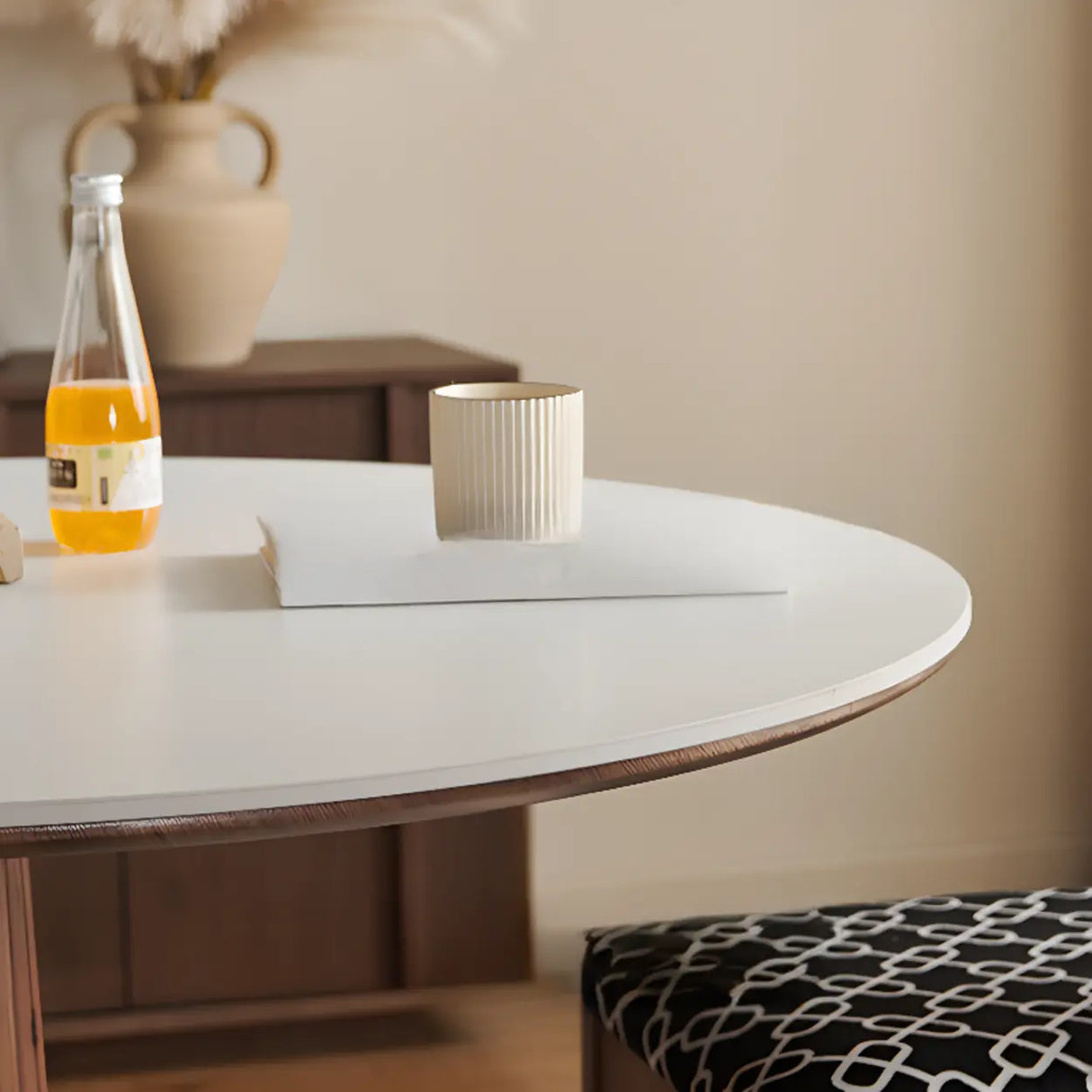 Mid-Century Modern Round Stone Top Wood Pedestal Dining Table Image - 8