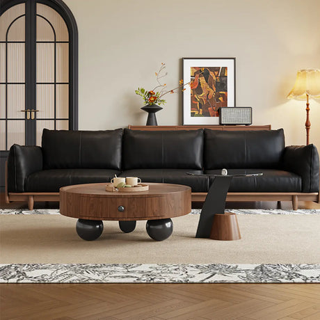 Mid-Century Modern Round Wood Coffee Table with Drawer Image - 1