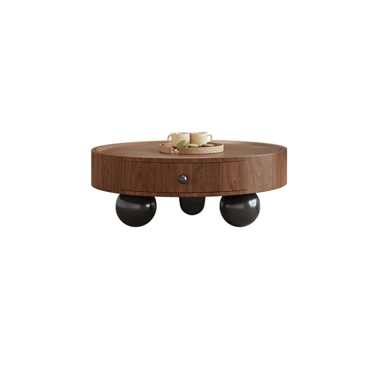 Mid-Century Modern Round Wood Coffee Table with Drawer Image - 2