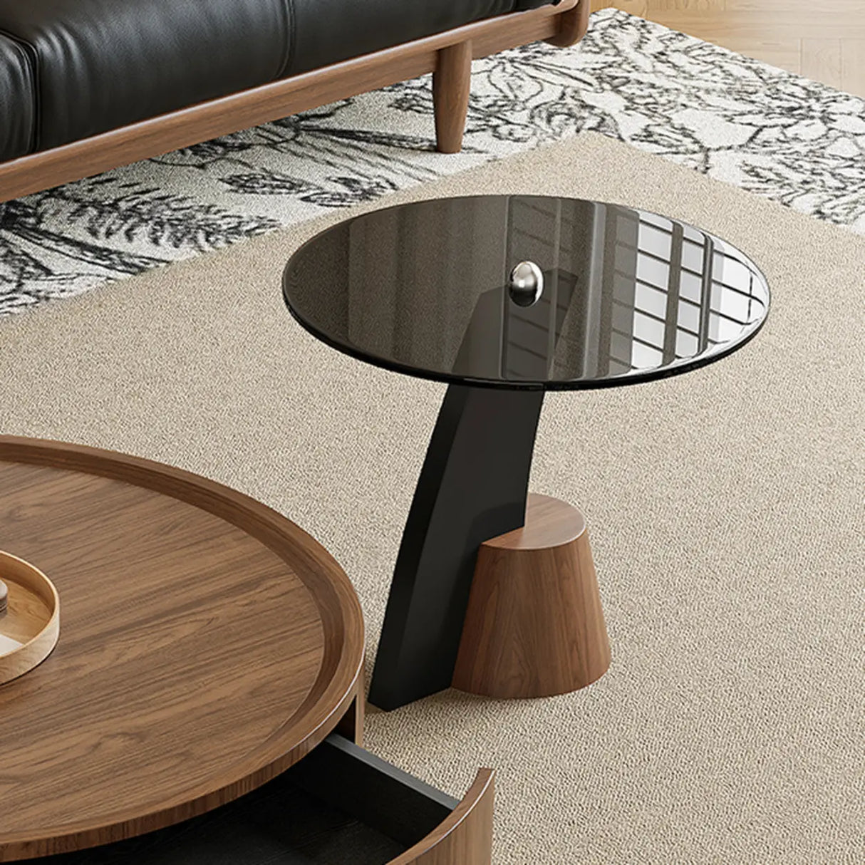 Mid-Century Modern Round Wood Coffee Table with Drawer Image - 6