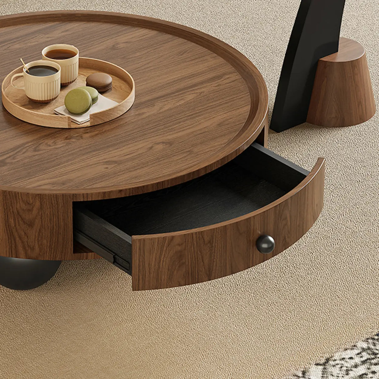 Mid-Century Modern Round Wood Coffee Table with Drawer Image - 7
