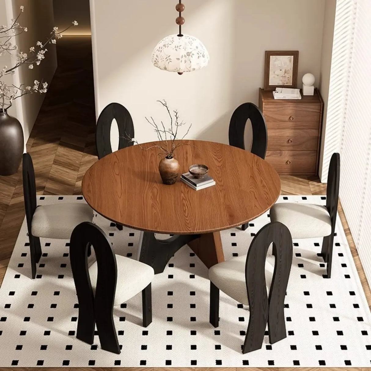 Mid-Century Modern Round Wood Geometric Base Dining Table Image - 4