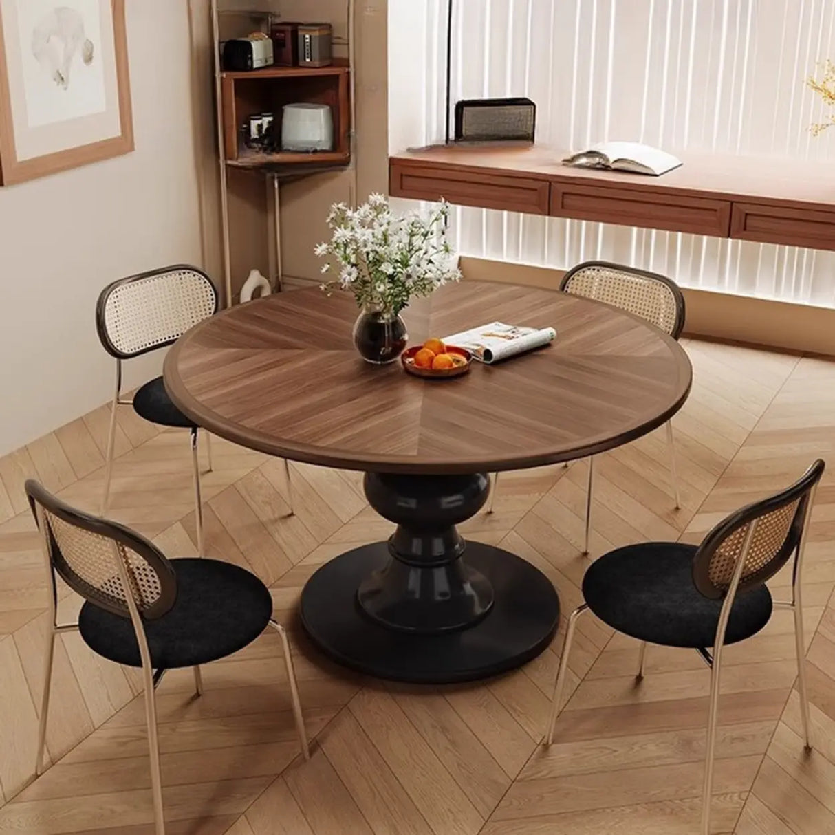 Mid-Century Modern Round Wooden Black Pedestal Dining Table Image - 1