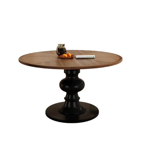 Mid-Century Modern Round Wooden Black Pedestal Dining Table Image - 2