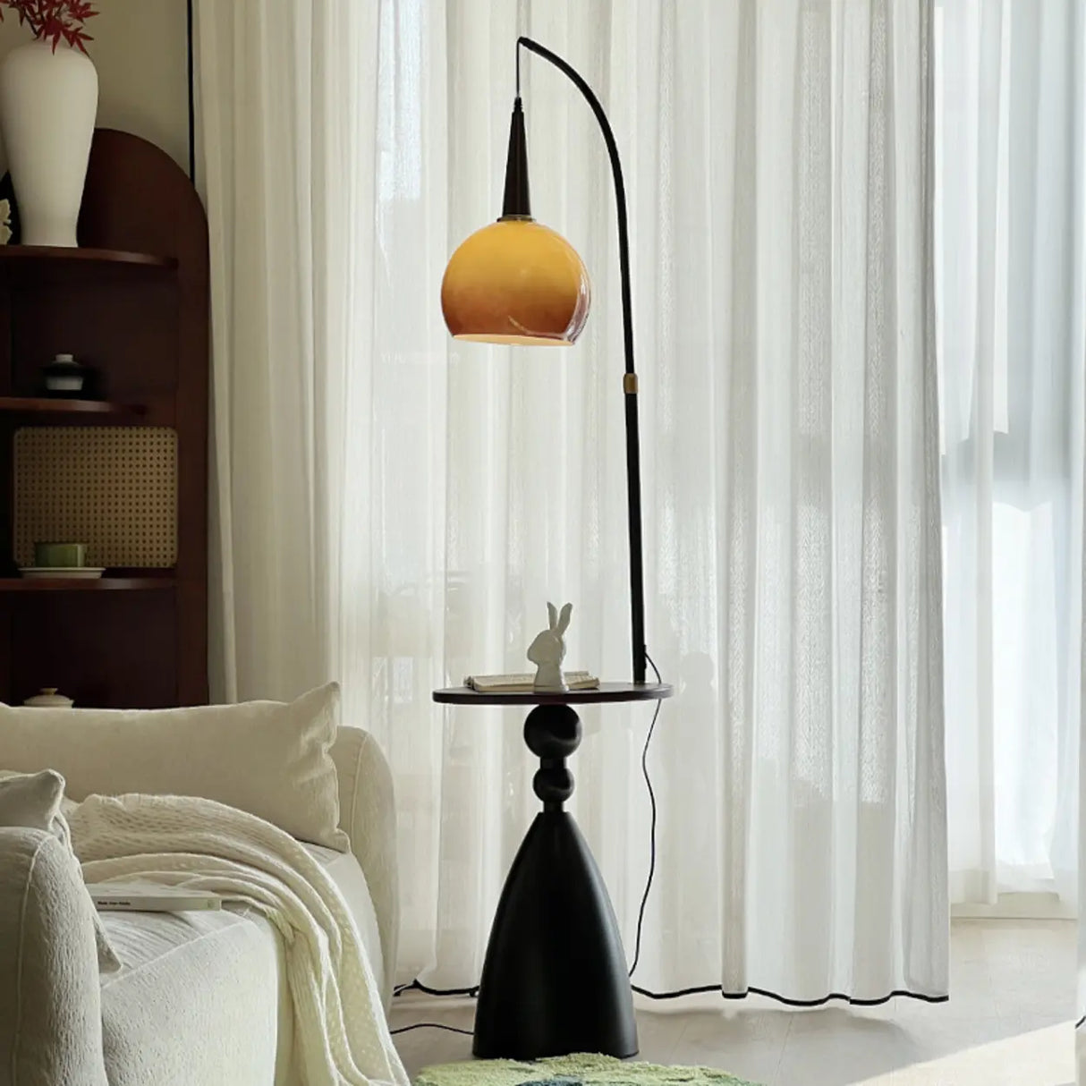 Mid-Century Modern Shelf Adjustable Orange Globe Floor Lamp Image - 4