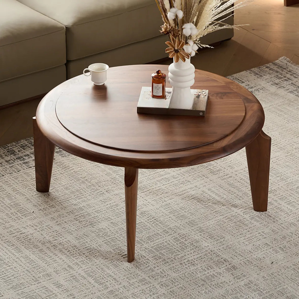 Mid-Century Modern Solid Walnut Wood Round Coffee Table Image - 3