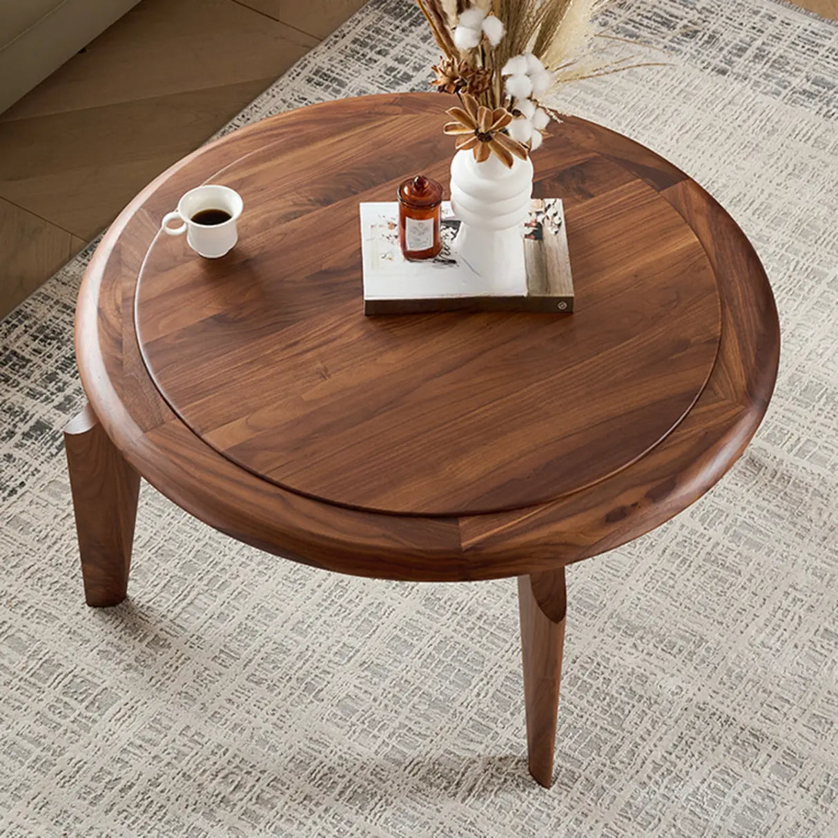 Mid-Century Modern Solid Walnut Wood Round Coffee Table Image - 5
