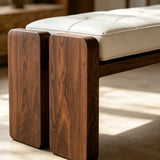 Mid-Century Modern Solid Wood Faux Leather Bedroom Bench Image - 10