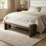 Mid-Century Modern Solid Wood Faux Leather Bedroom Bench Image - 12
