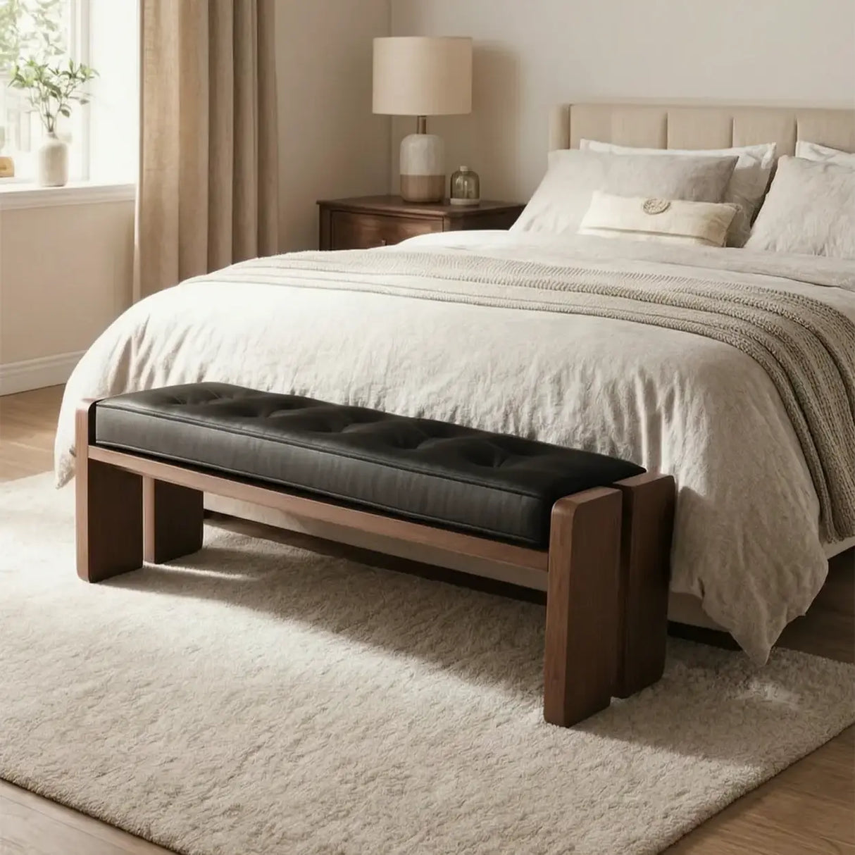 Mid-Century Modern Solid Wood Faux Leather Bedroom Bench Image - 13