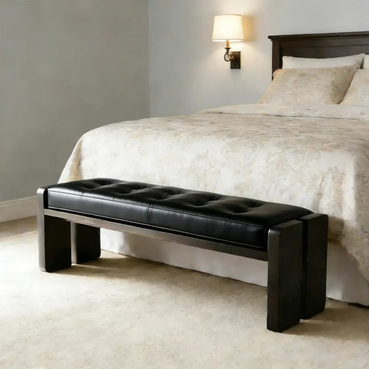 Mid-Century Modern Solid Wood Faux Leather Bedroom Bench Image - 14