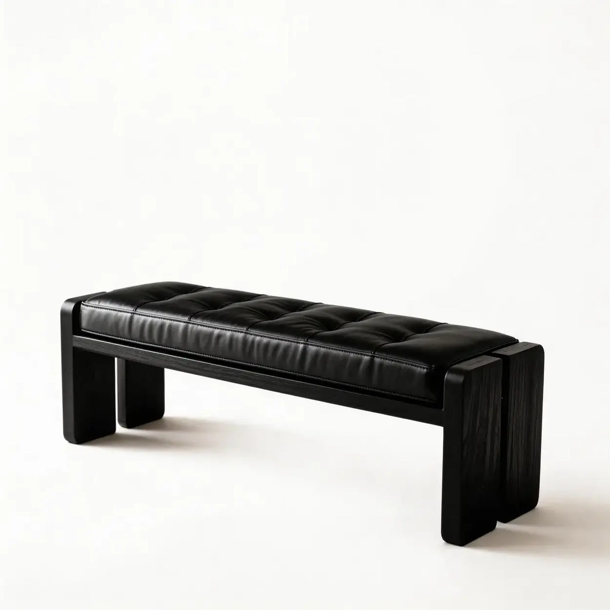 Mid-Century Modern Solid Wood Faux Leather Bedroom Bench Image - 16