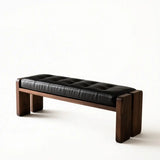 Mid-Century Modern Solid Wood Faux Leather Bedroom Bench Image - 17