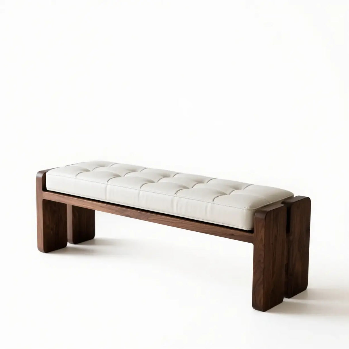 Mid-Century Modern Solid Wood Faux Leather Bedroom Bench Image - 19