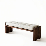 Mid-Century Modern Solid Wood Faux Leather Bedroom Bench Image - 19