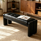 Mid-Century Modern Solid Wood Faux Leather Bedroom Bench Image - 2