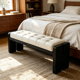 Mid-Century Modern Solid Wood Faux Leather Bedroom Bench Image - 3
