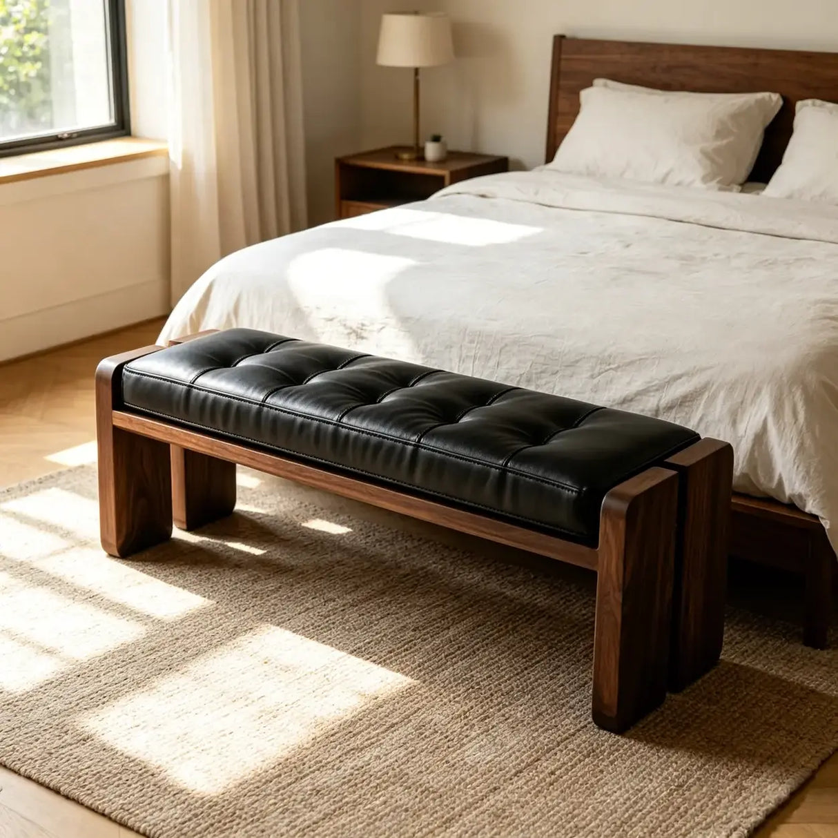 Mid-Century Modern Solid Wood Faux Leather Bedroom Bench Image - 4