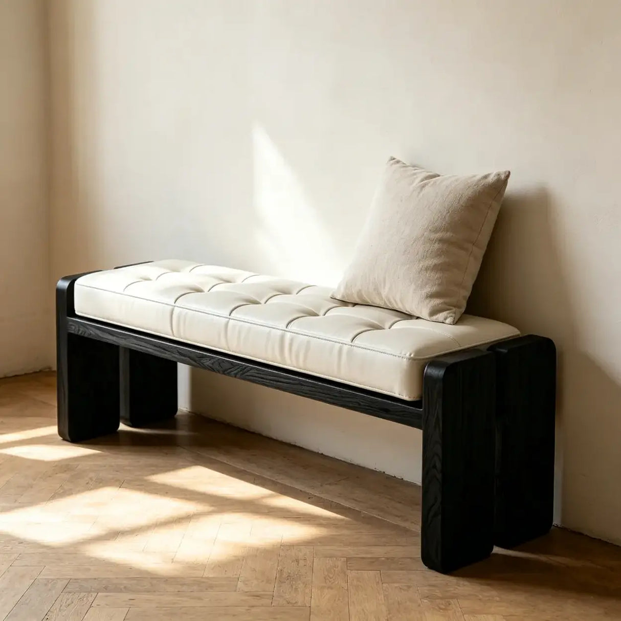 Mid-Century Modern Solid Wood Faux Leather Bedroom Bench Image - 6