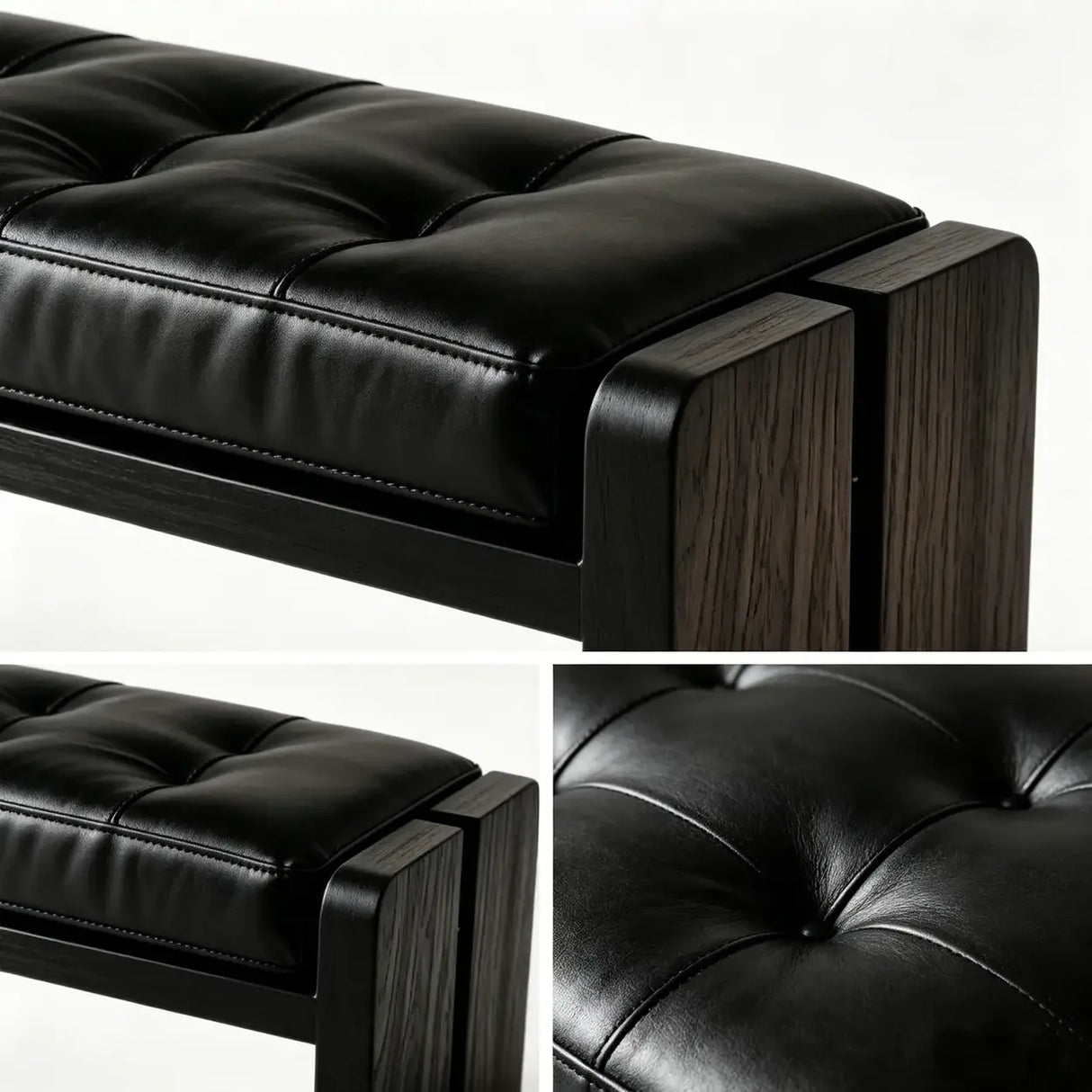 Mid-Century Modern Solid Wood Faux Leather Bedroom Bench Image - 9