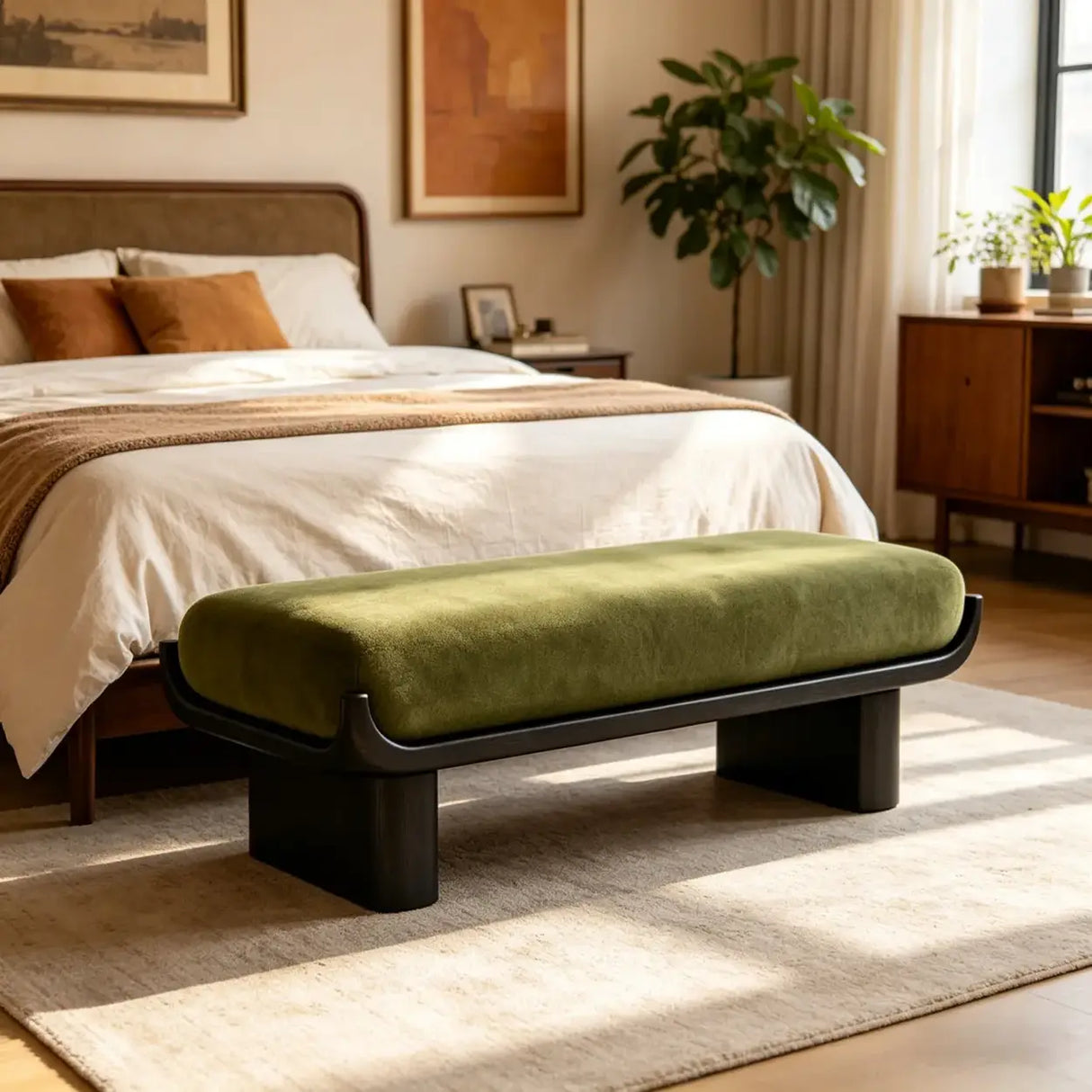 Mid-Century Modern Solid Wood Upholstered Bedroom Bench Image - 3