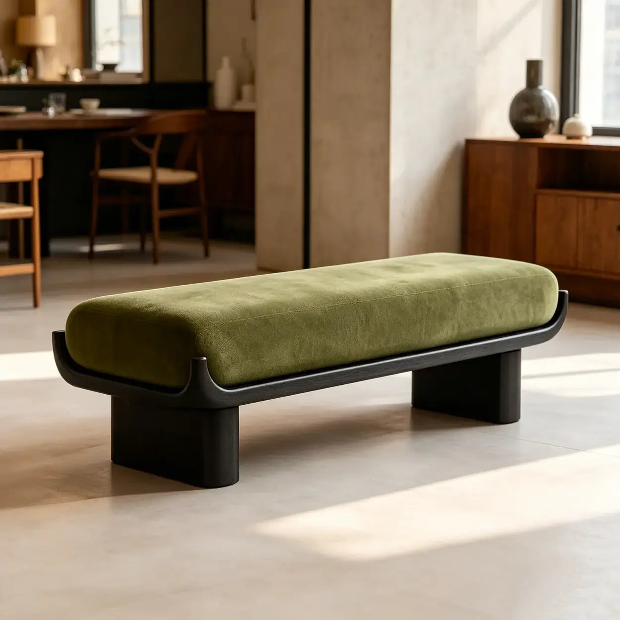 Mid-Century Modern Solid Wood Upholstered Bedroom Bench Image - 4