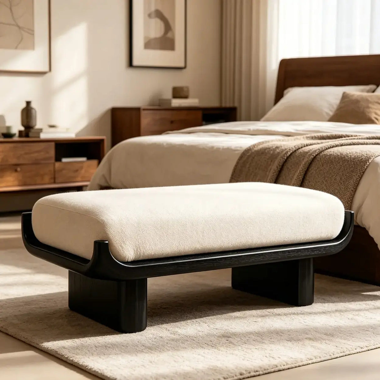 Mid-Century Modern Solid Wood Upholstered Bedroom Bench Image - 6