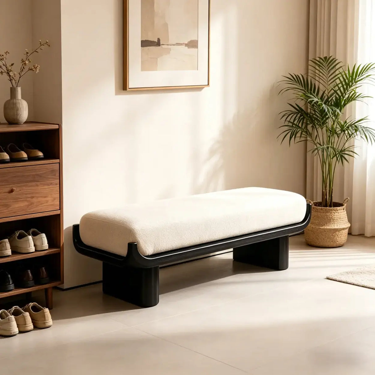 Mid-Century Modern Solid Wood Upholstered Bedroom Bench Image - 7
