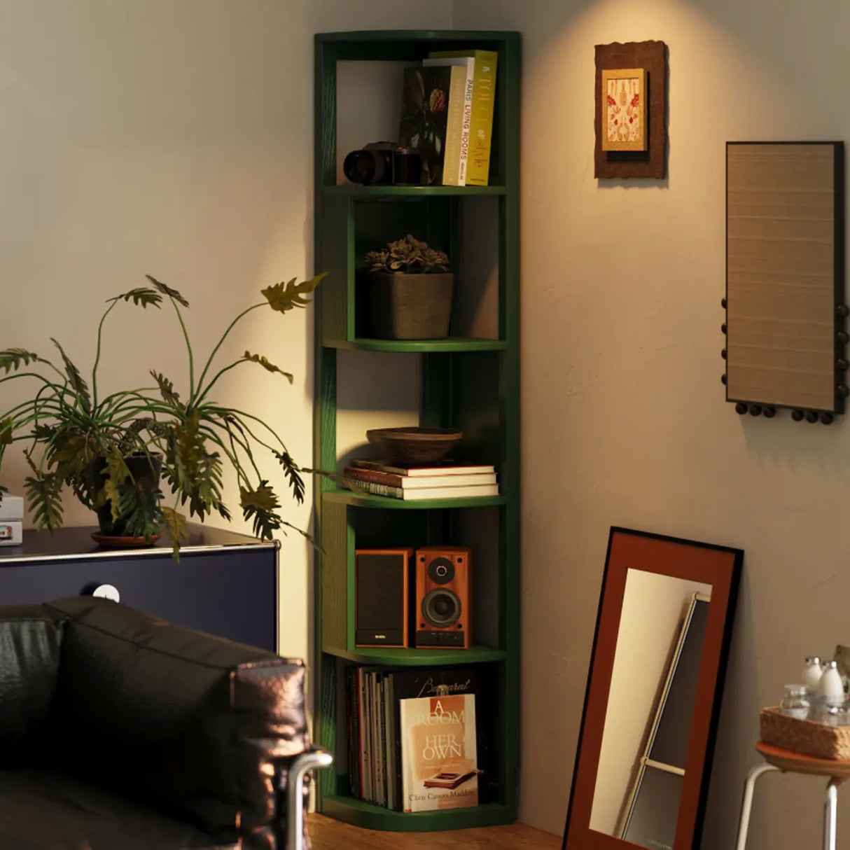 Mid-Century Modern Stand Wood Vertical Corner Bookshelf Image - 1