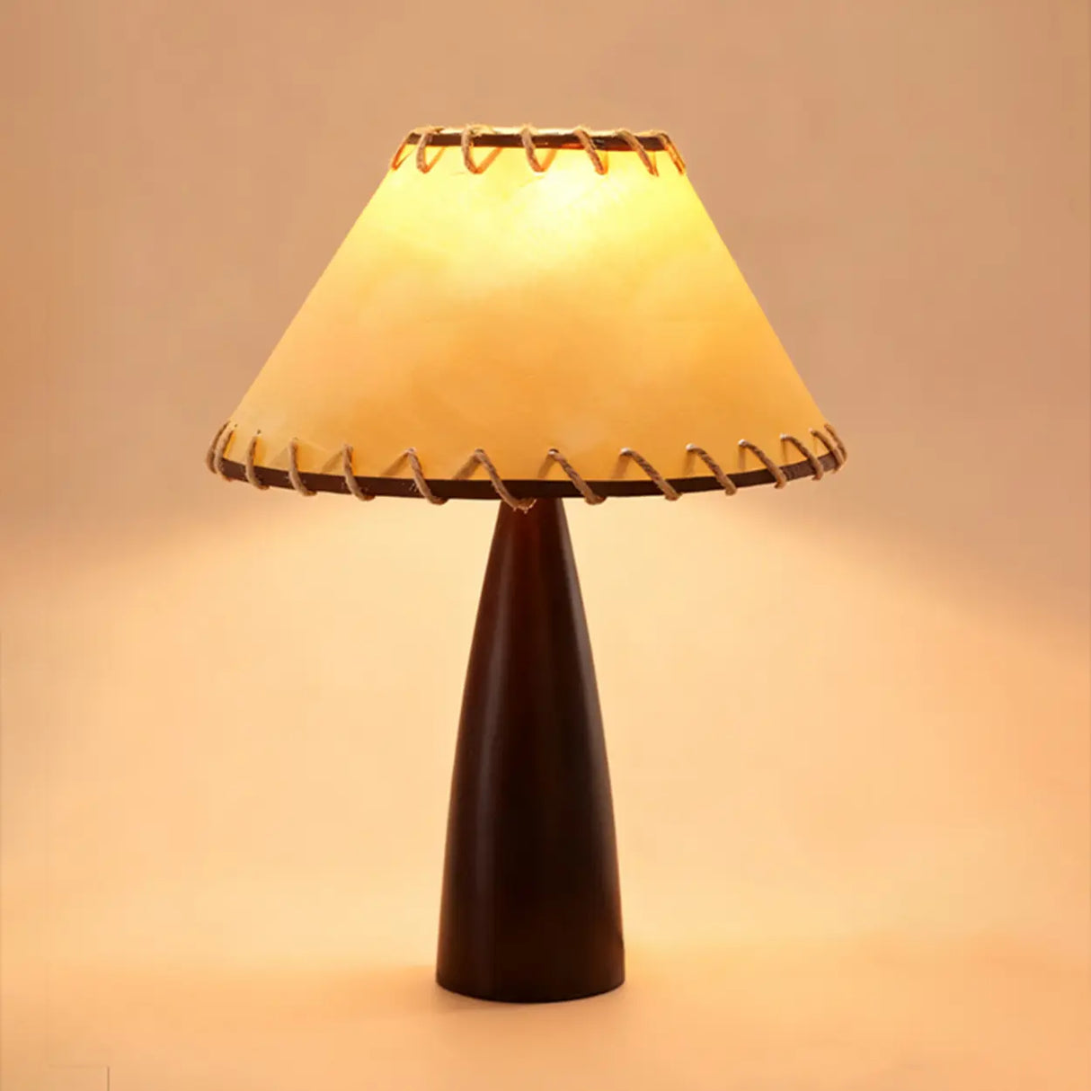 Mid-Century Modern Stitched Cone Shade Brown Table Lamp Image - 4