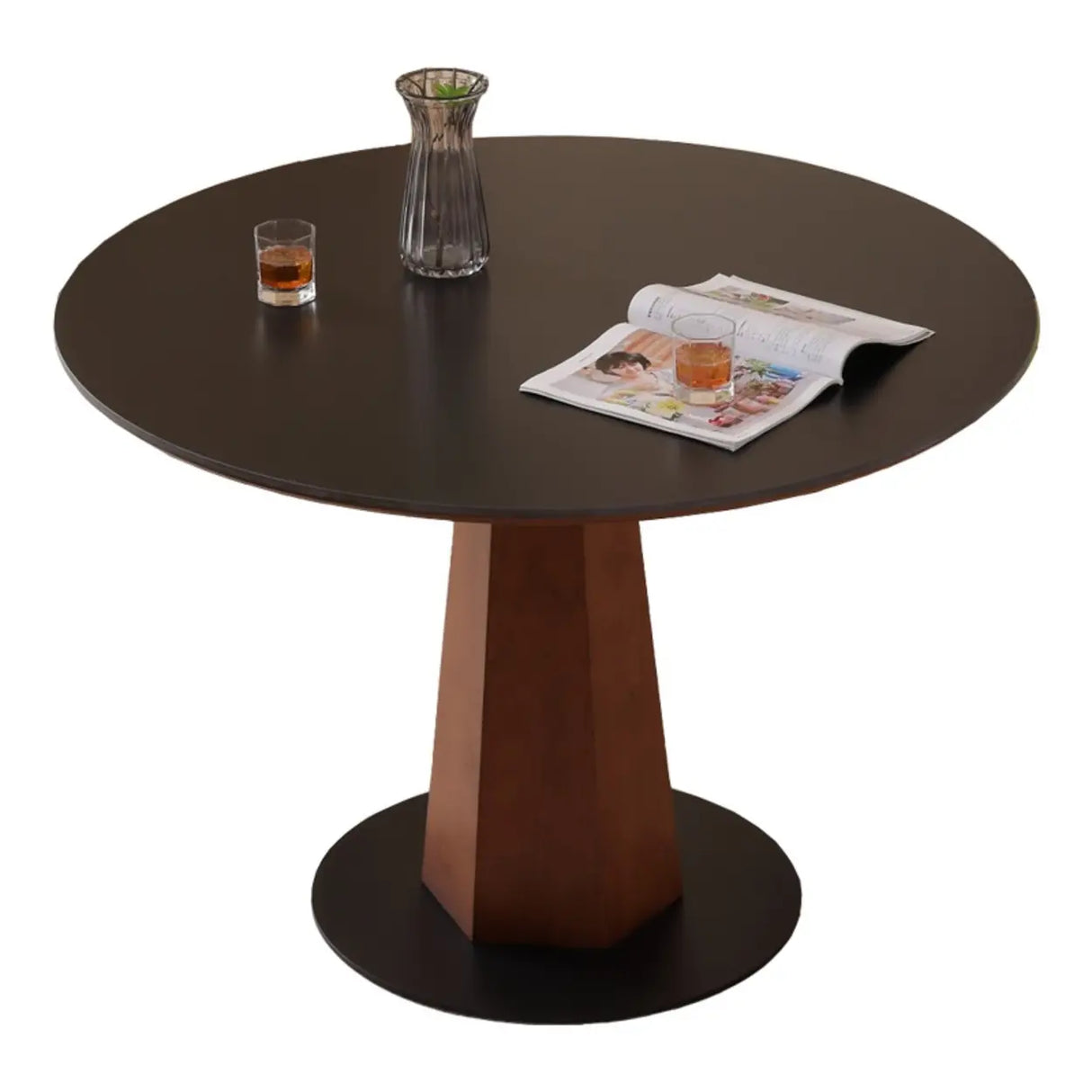 Mid-Century Modern Stone Round Wood Pedestal Dining Table Image - 3