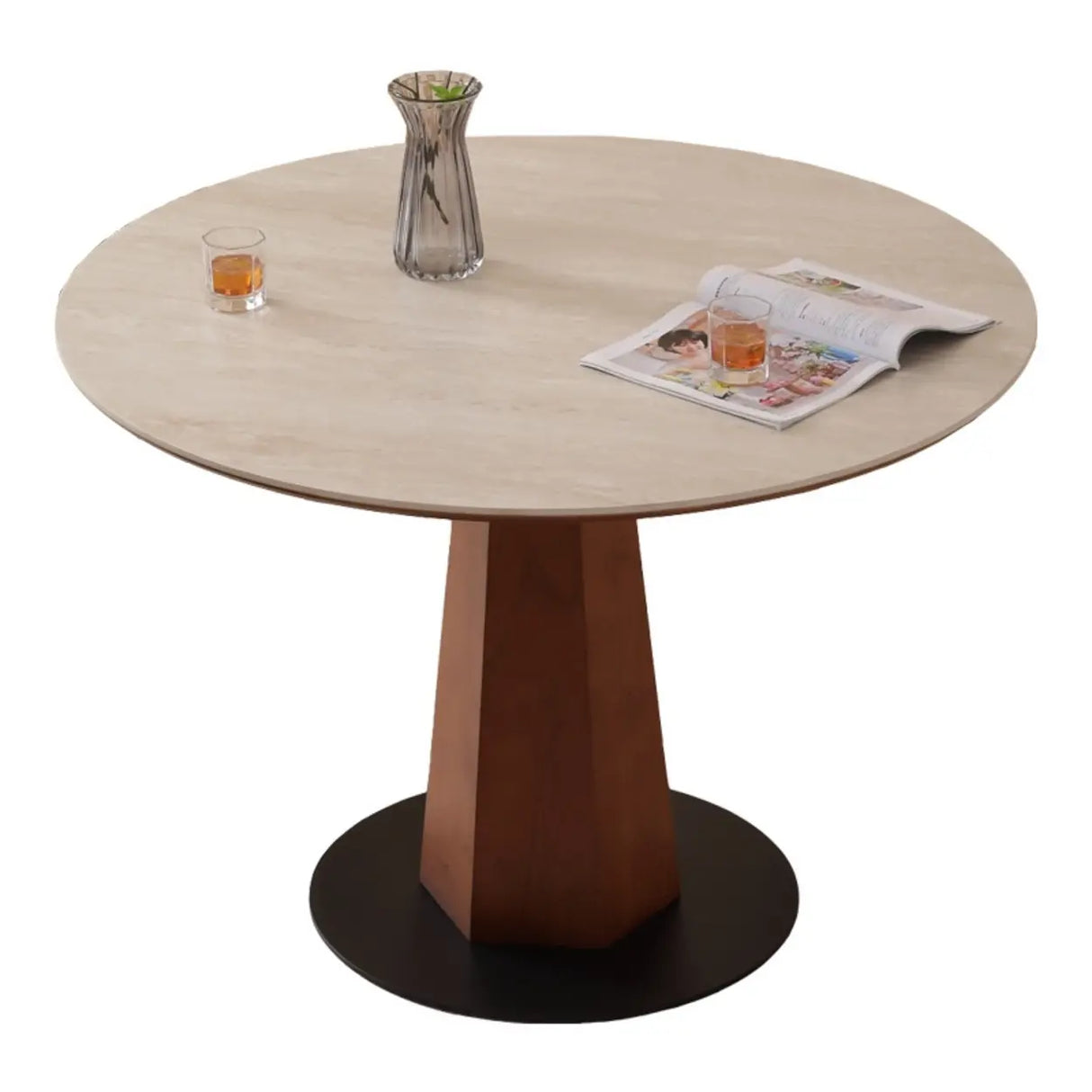 Mid-Century Modern Stone Round Wood Pedestal Dining Table Image - 5
