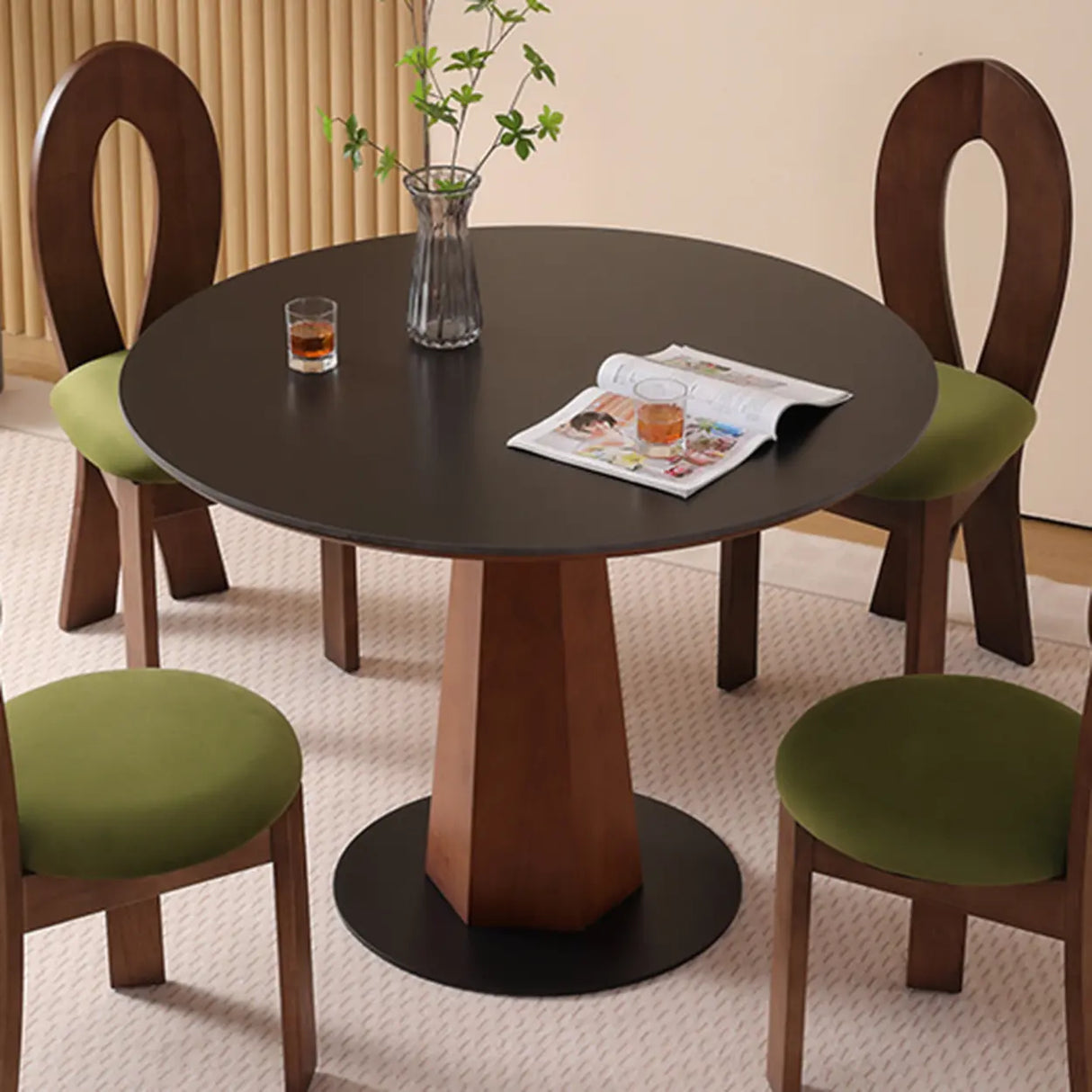 Mid-Century Modern Stone Round Wood Pedestal Dining Table Image - 6