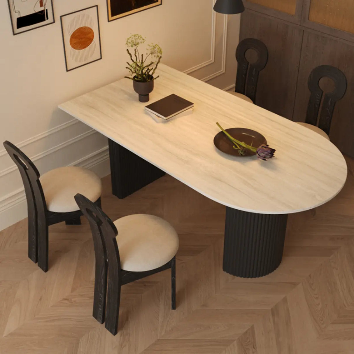 Mid-Century Modern Stone Top Oval Ribbed Leg Dining Table Image - 1