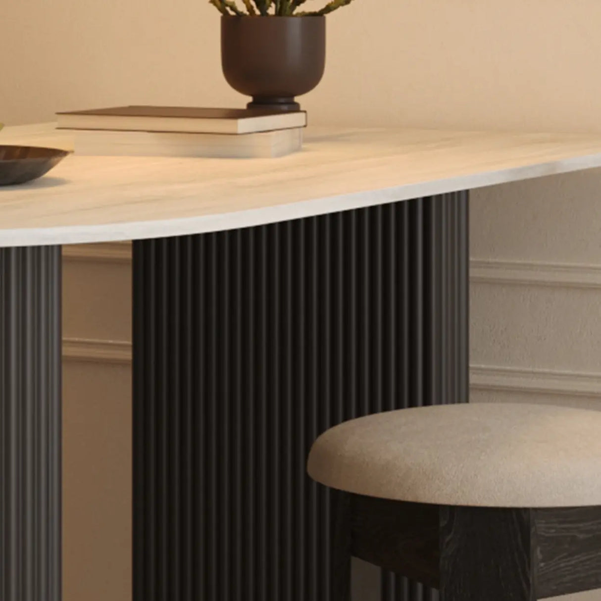 Mid-Century Modern Stone Top Oval Ribbed Leg Dining Table Image - 10