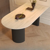 Mid-Century Modern Stone Top Oval Ribbed Leg Dining Table Image - 2