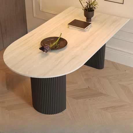 Mid-Century Modern Stone Top Oval Ribbed Leg Dining Table Image - 2