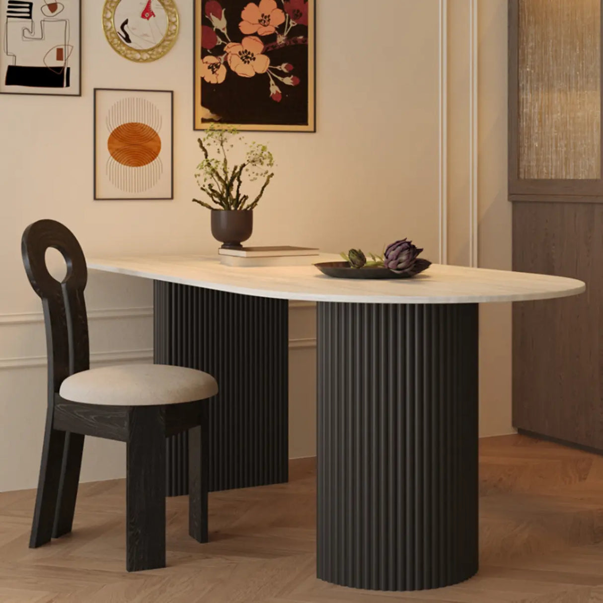 Mid-Century Modern Stone Top Oval Ribbed Leg Dining Table Image - 4