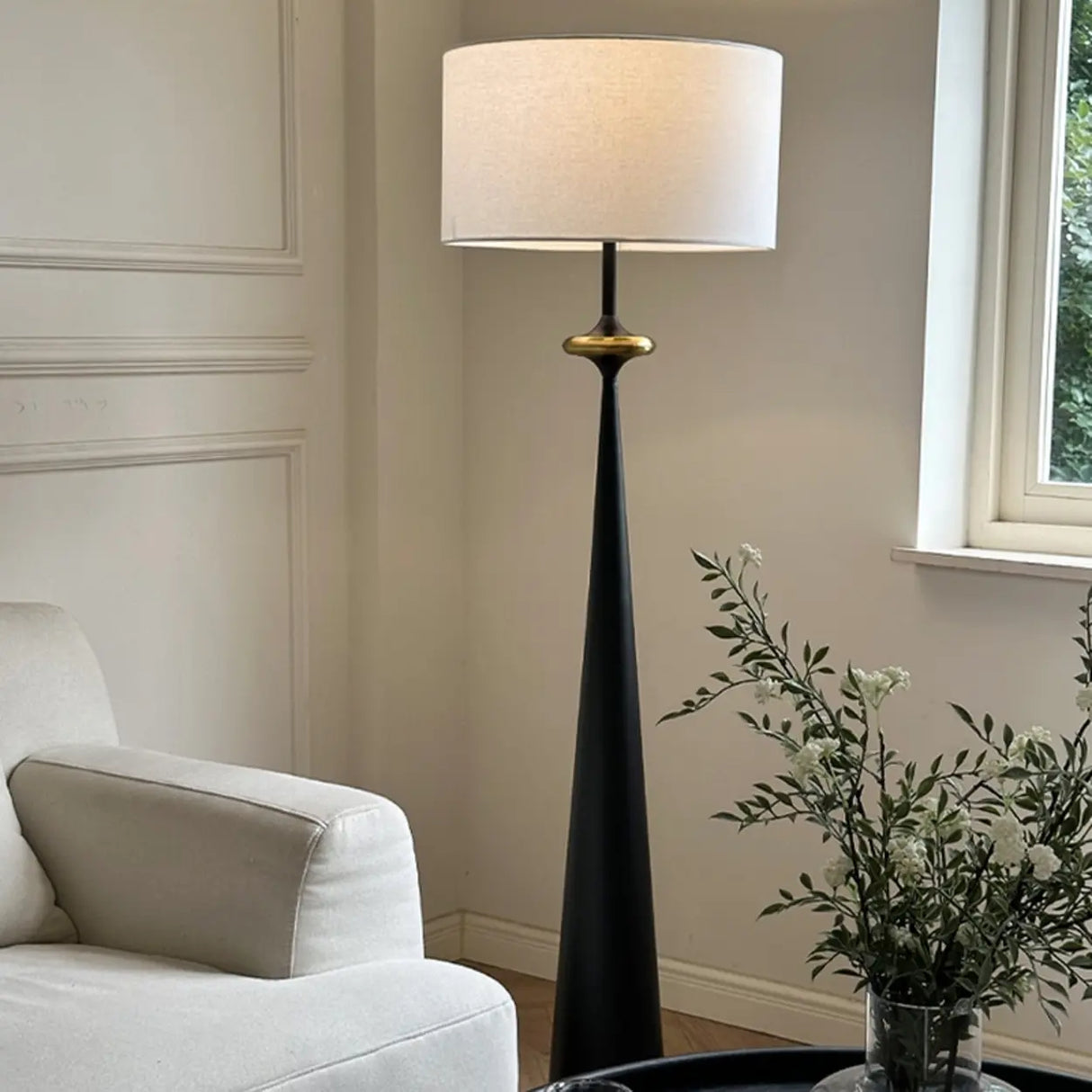 Mid-Century Modern Tapered Column Fabric Drum Floor Lamp Image - 1